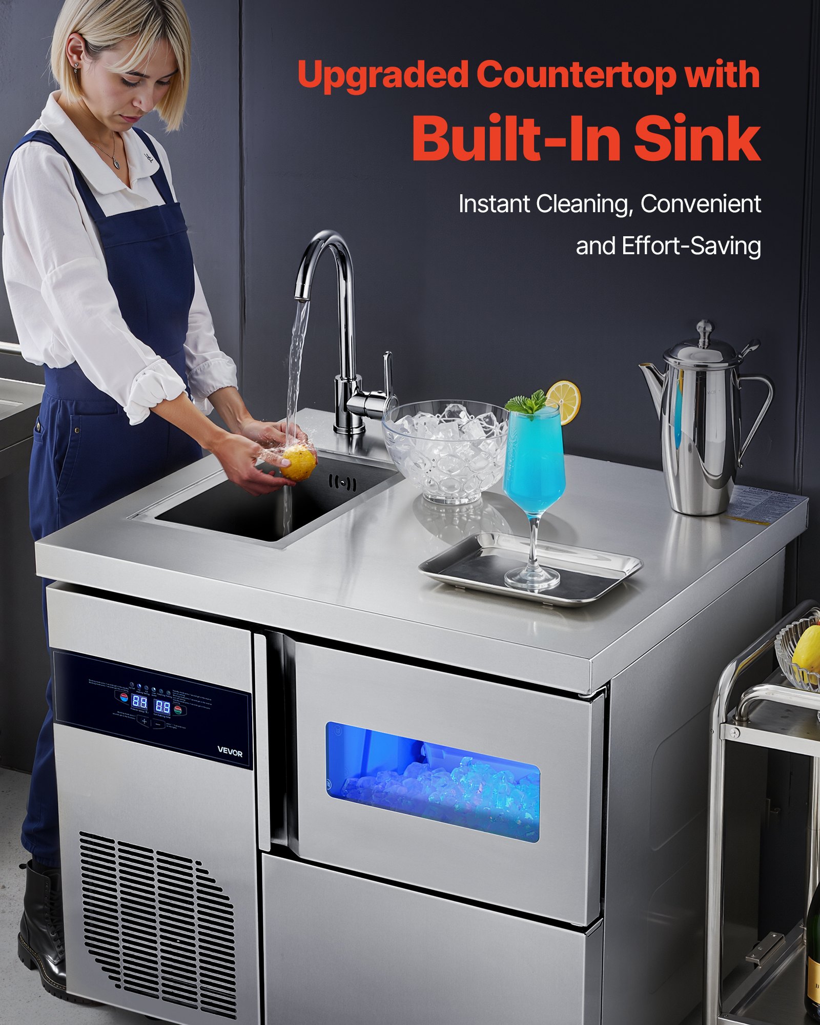 VEVOR Commercial Ice Maker Machine, 132 lbs/24H Stainless Steel Worktop Ice Machine with Sink, 30 lbs Storage & 70 Cubes/Cycle, Self-Cleaning Freestanding Ice-Making for Home Bar Restaurant Kitchen