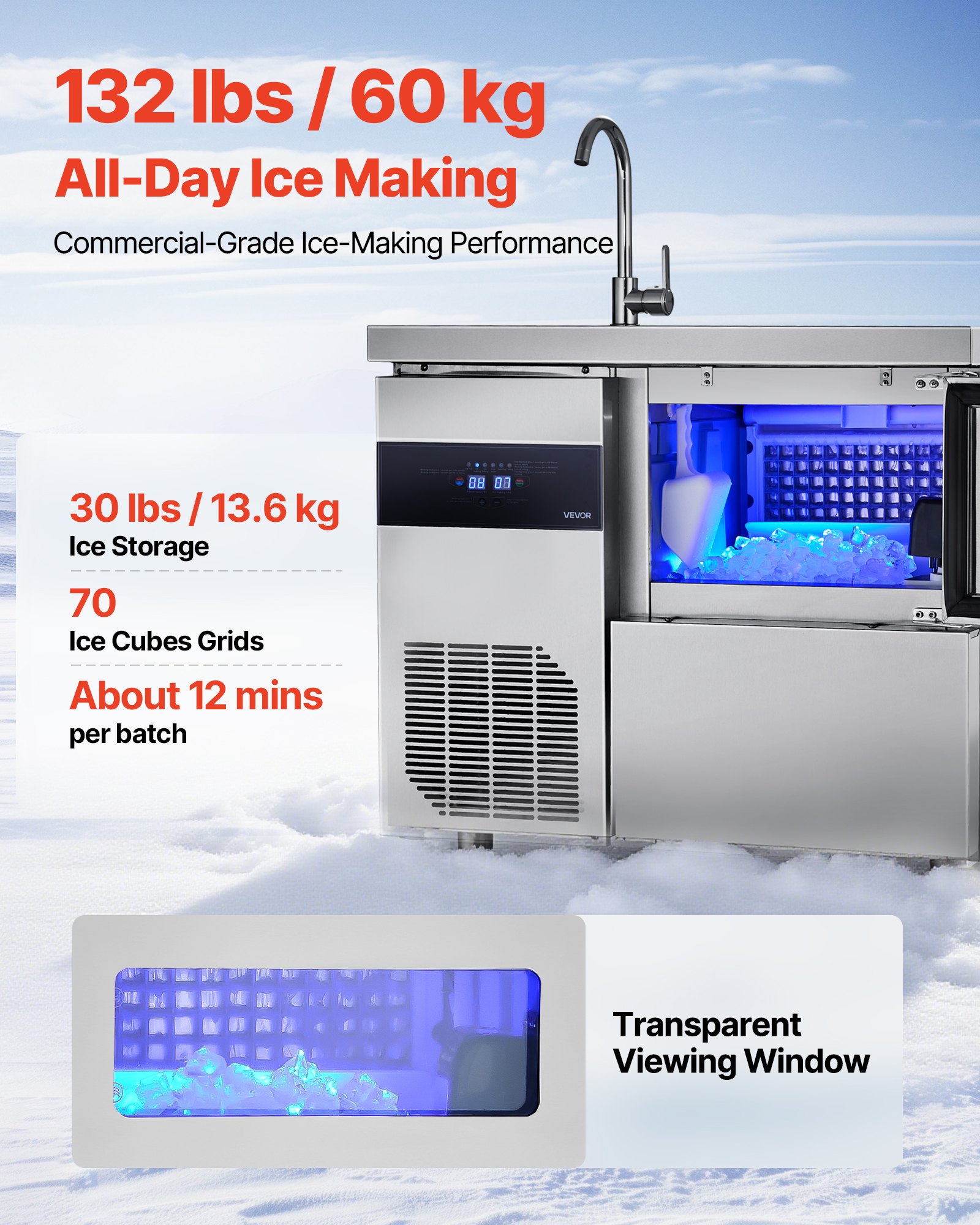 VEVOR Commercial Ice Maker Machine, 132 lbs/24H Stainless Steel Worktop Ice Machine with Sink, 30 lbs Storage & 70 Cubes/Cycle, Self-Cleaning Freestanding Ice-Making for Home Bar Restaurant Kitchen