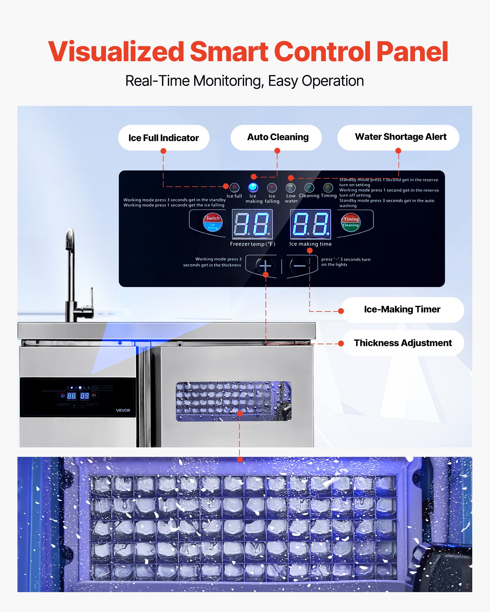 VEVOR Commercial Ice Maker Machine, 132 lbs/24H Stainless Steel Worktop Ice Machine with Sink, 30 lbs Storage & 70 Cubes/Cycle, Self-Cleaning Freestanding Ice-Making for Home Bar Restaurant Kitchen