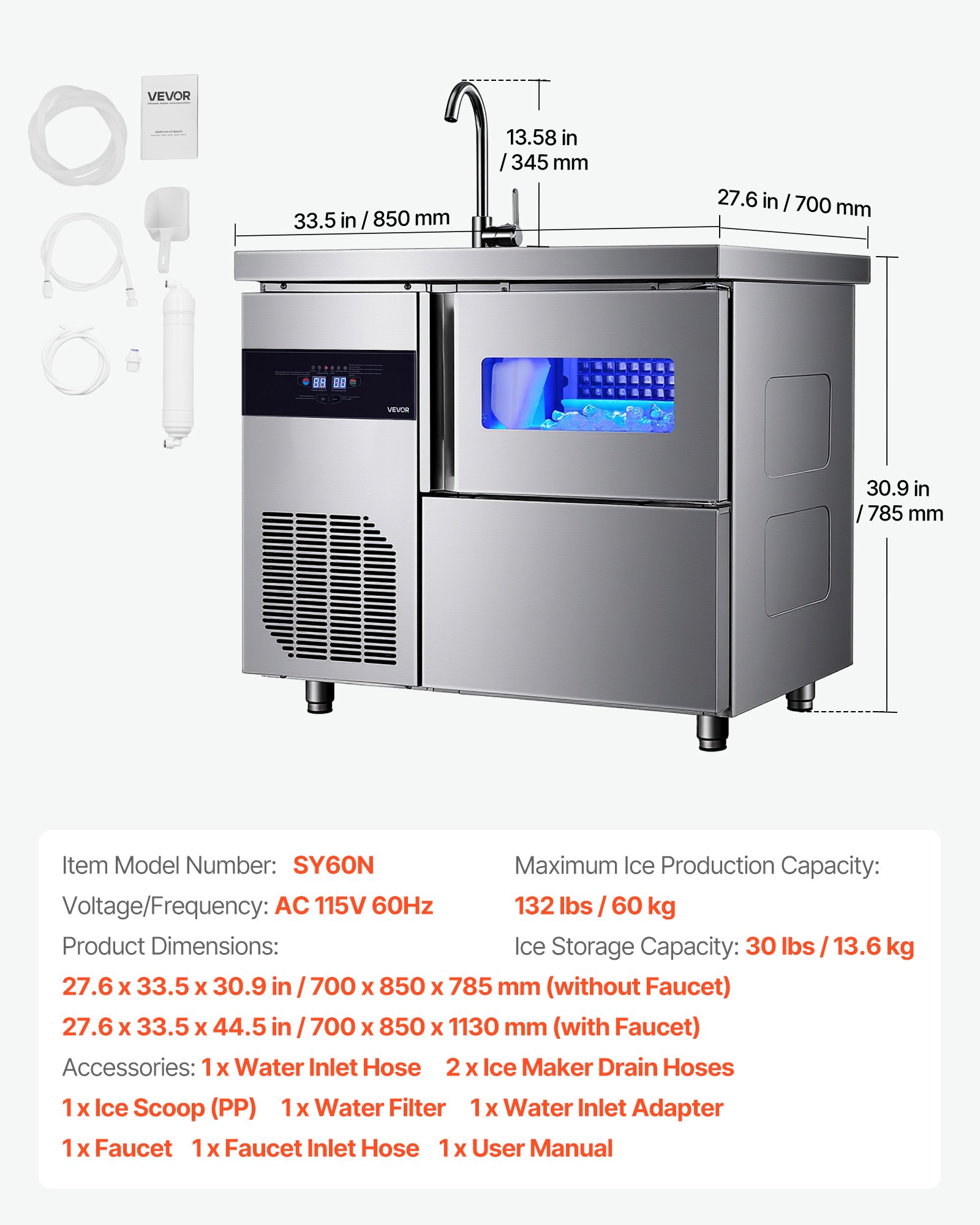 VEVOR Commercial Ice Maker Machine, 132 lbs/24H Stainless Steel Worktop Ice Machine with Sink, 30 lbs Storage & 70 Cubes/Cycle, Self-Cleaning Freestanding Ice-Making for Home Bar Restaurant Kitchen