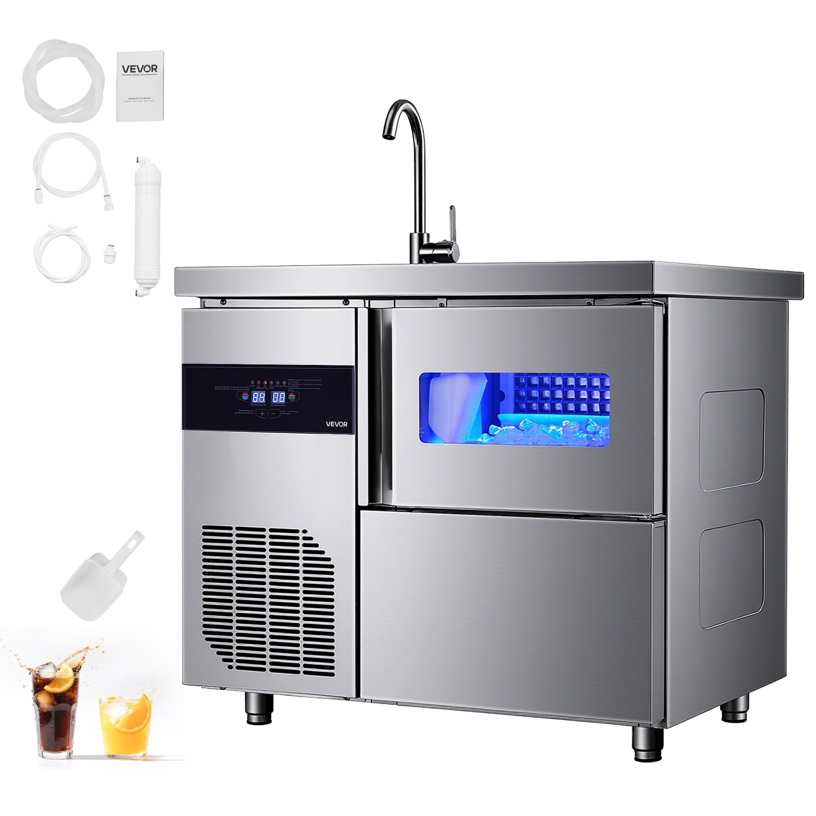 VEVOR Commercial Ice Maker Machine, 132 lbs/24H Stainless Steel Worktop Ice Machine with Sink, 30 lbs Storage & 70 Cubes/Cycle, Self-Cleaning Freestanding Ice-Making for Home Bar Restaurant Kitchen
