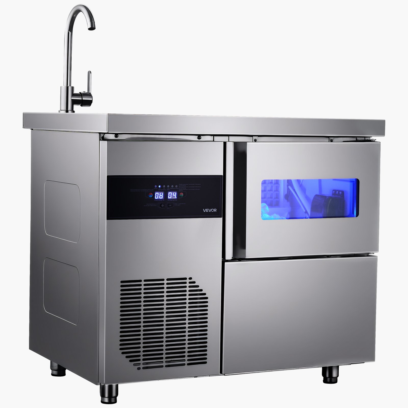 VEVOR Commercial Ice Maker Machine, 132 lbs/24H Stainless Steel Worktop Ice Machine with Sink, 30 lbs Storage & 70 Cubes/Cycle, Self-Cleaning Freestanding Ice-Making for Home Bar Restaurant Kitchen