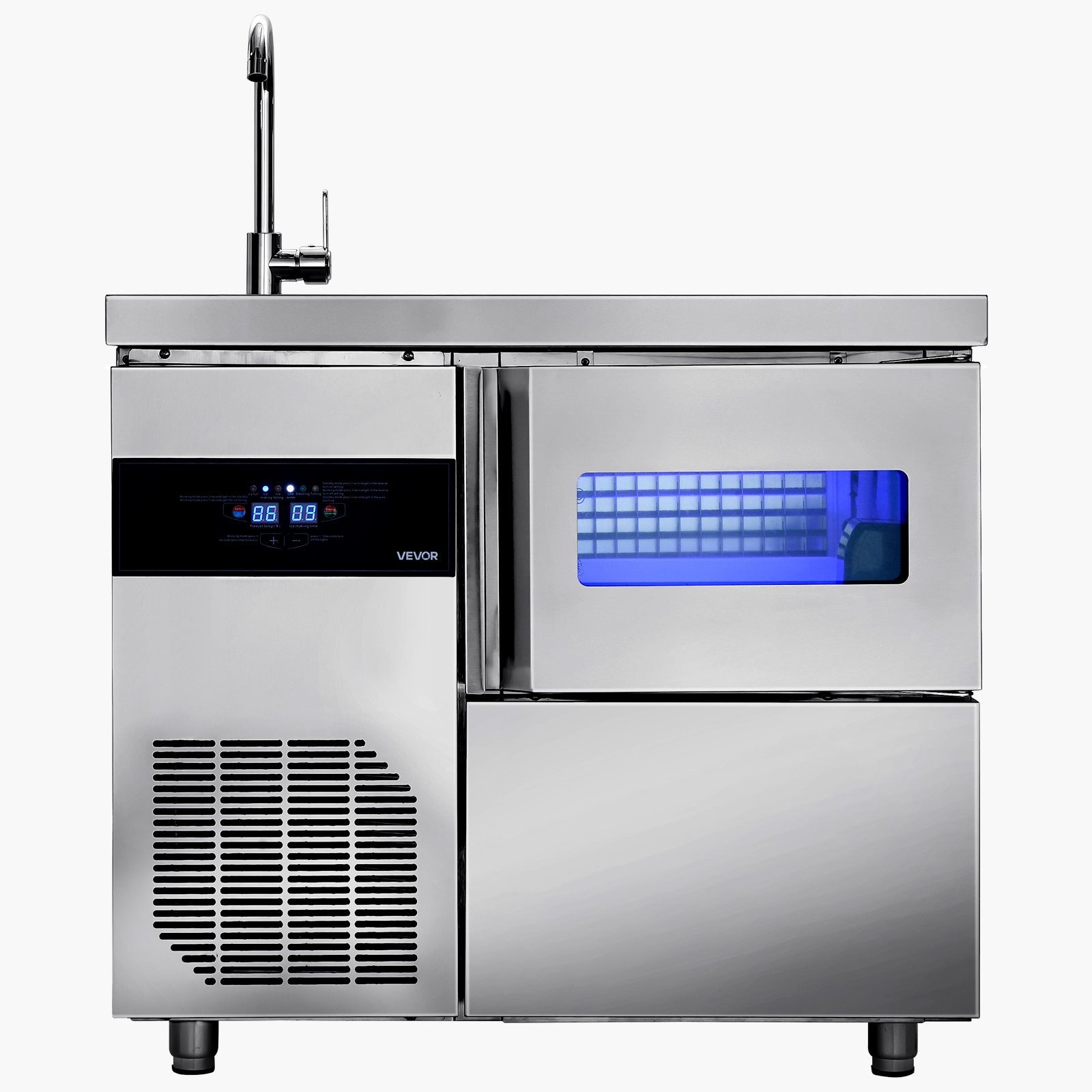 VEVOR Commercial Ice Maker Machine, 132 lbs/24H Stainless Steel Worktop Ice Machine with Sink, 30 lbs Storage & 70 Cubes/Cycle, Self-Cleaning Freestanding Ice-Making for Home Bar Restaurant Kitchen