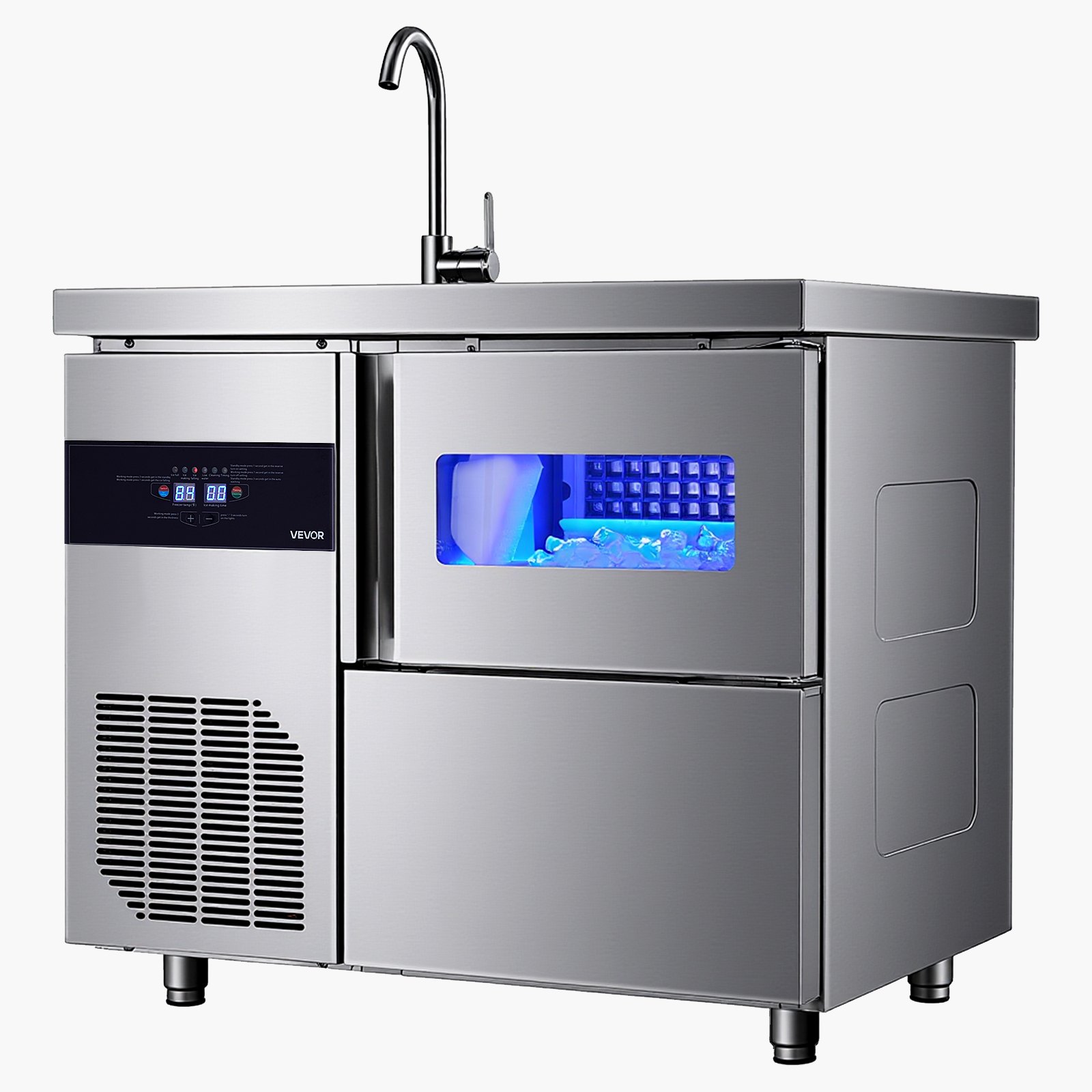 VEVOR Commercial Ice Maker Machine, 132 lbs/24H Stainless Steel Worktop Ice Machine with Sink, 30 lbs Storage & 70 Cubes/Cycle, Self-Cleaning Freestanding Ice-Making for Home Bar Restaurant Kitchen