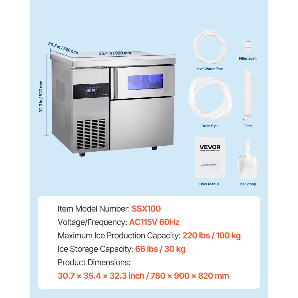 VEVOR Commercial Ice Maker Machine, 220 lbs/24H Stainless Steel Ice Machine with Worktop, 66 lbs Storage & 108 Cubes/Cycle, Self-Cleaning Freestanding Ice-Making for Home Bar Office Restaurant Kitchen