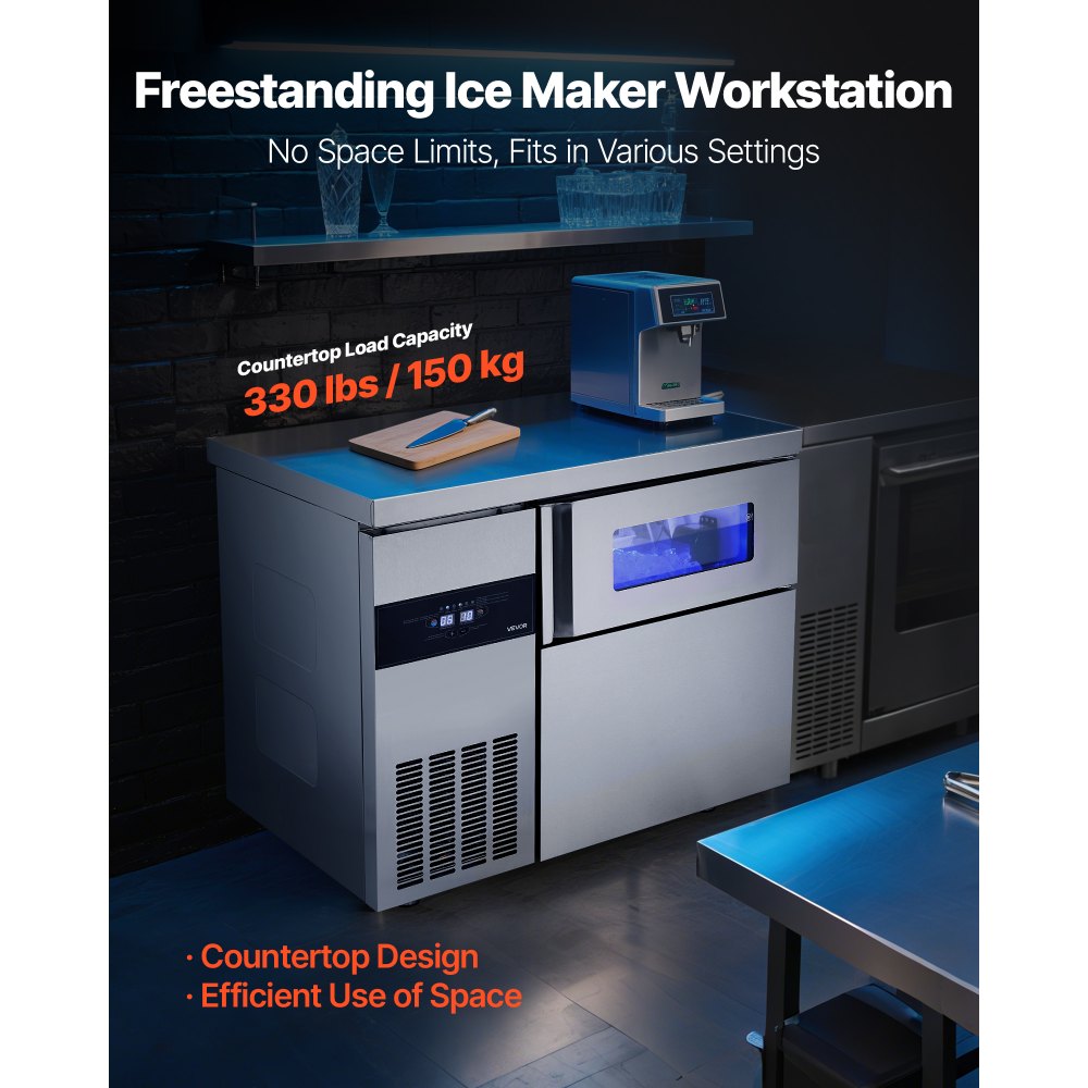 VEVOR Commercial Ice Maker Machine, 265 lbs/24H Stainless Steel Ice Machine with Worktop, 66 lbs Storage & 126 Cubes/Cycle, Self-Cleaning Freestanding Ice-Making for Home Bar Office Restaurant Kitchen