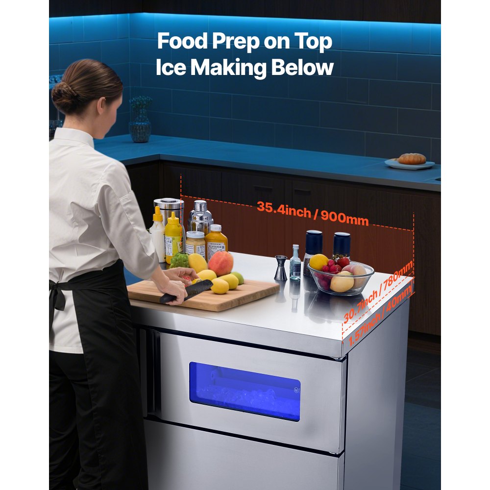 VEVOR Commercial Ice Maker Machine, 265 lbs/24H Stainless Steel Ice Machine with Worktop, 66 lbs Storage & 126 Cubes/Cycle, Self-Cleaning Freestanding Ice-Making for Home Bar Office Restaurant Kitchen