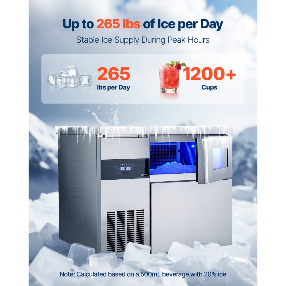 VEVOR Commercial Ice Maker Machine, 265 lbs/24H Stainless Steel Ice Machine with Worktop, 66 lbs Storage & 126 Cubes/Cycle, Self-Cleaning Freestanding Ice-Making for Home Bar Office Restaurant Kitchen