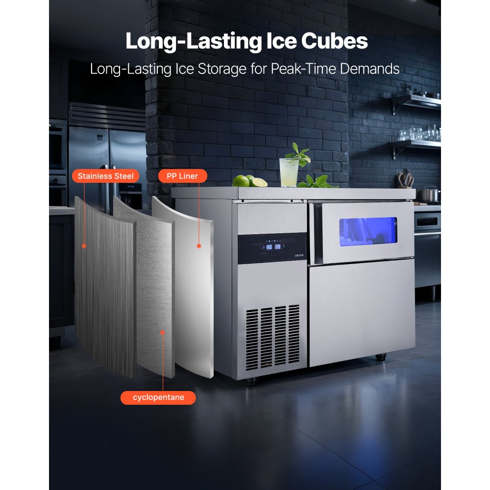 VEVOR Commercial Ice Maker Machine, 265 lbs/24H Stainless Steel Ice Machine with Worktop, 66 lbs Storage & 126 Cubes/Cycle, Self-Cleaning Freestanding Ice-Making for Home Bar Office Restaurant Kitchen