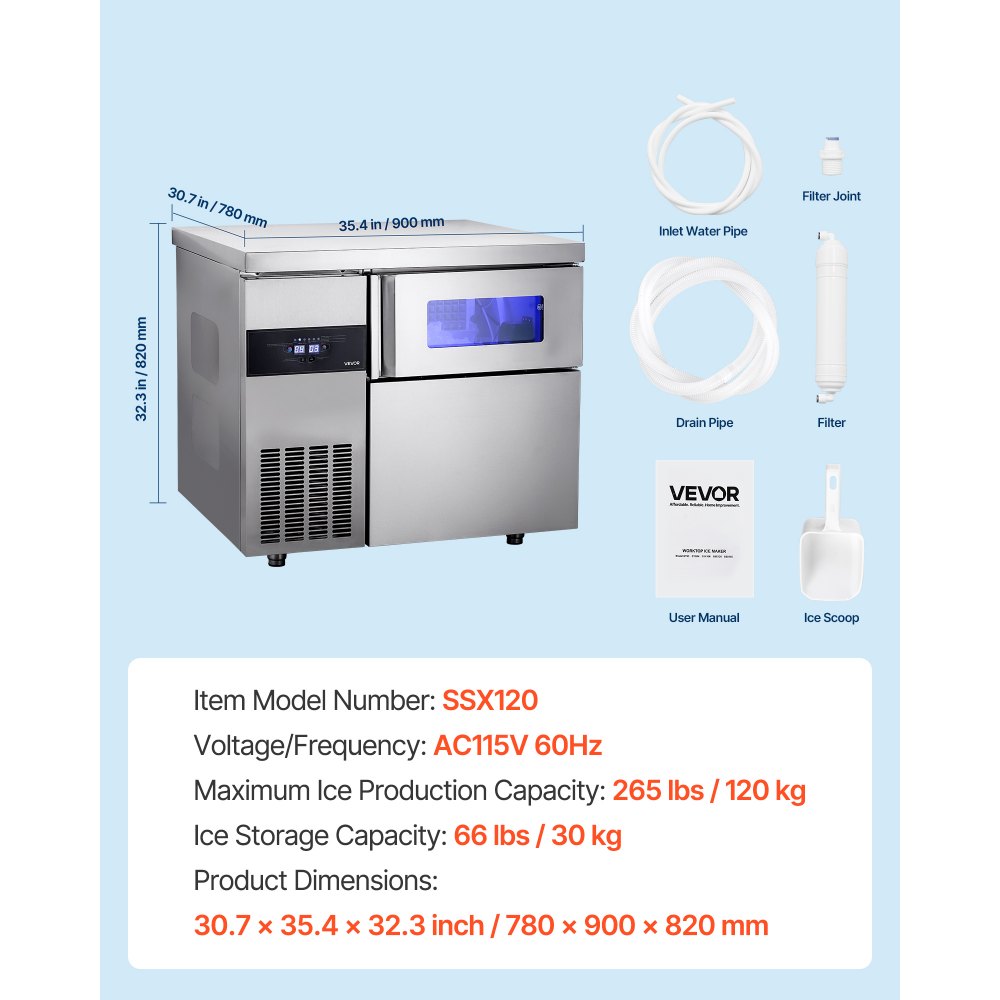 VEVOR Commercial Ice Maker Machine, 265 lbs/24H Stainless Steel Ice Machine with Worktop, 66 lbs Storage & 126 Cubes/Cycle, Self-Cleaning Freestanding Ice-Making for Home Bar Office Restaurant Kitchen