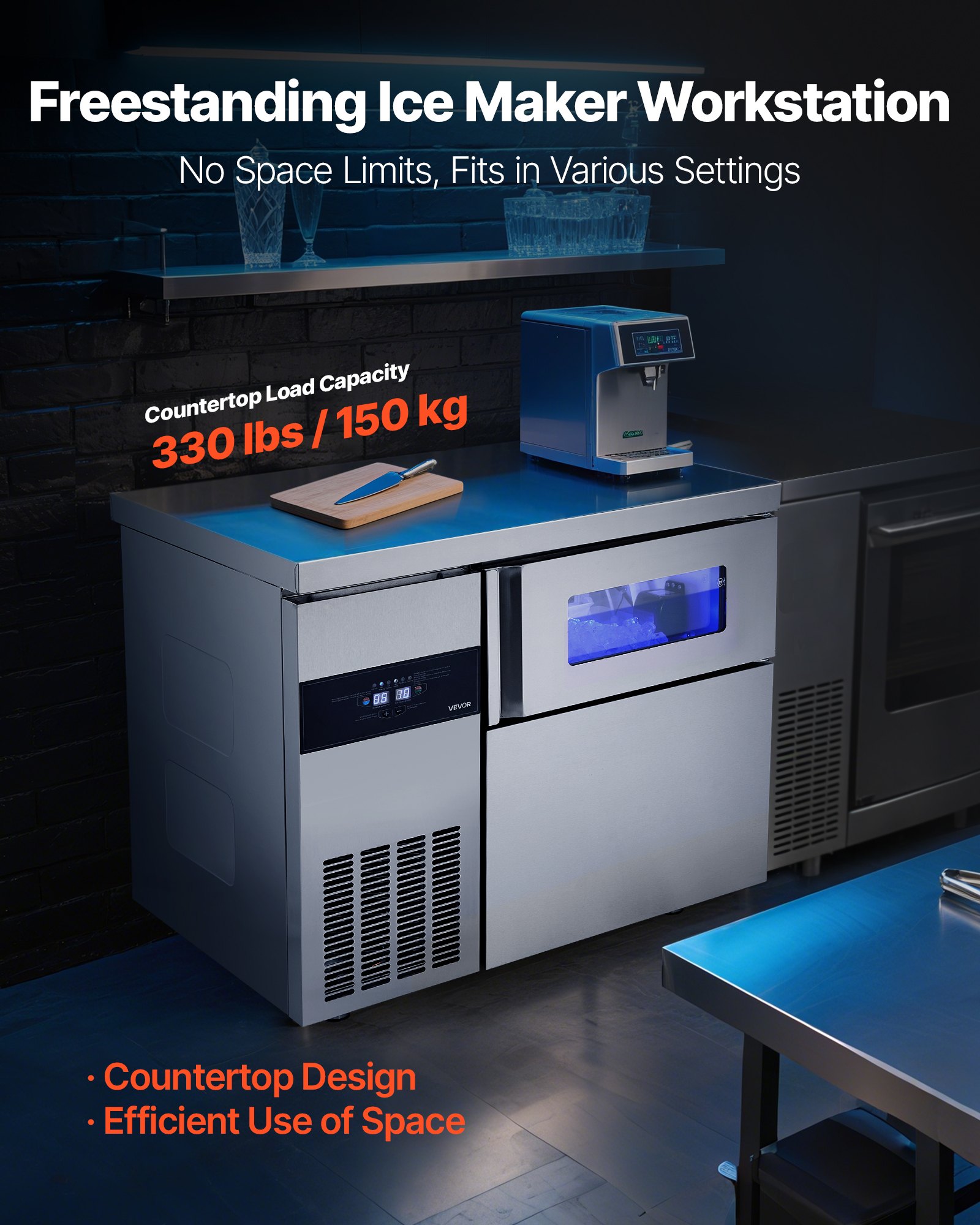 VEVOR Commercial Ice Maker Machine, 265 lbs/24H Stainless Steel Ice Machine with Worktop, 66 lbs Storage & 126 Cubes/Cycle, Self-Cleaning Freestanding Ice-Making for Home Bar Office Restaurant Kitchen