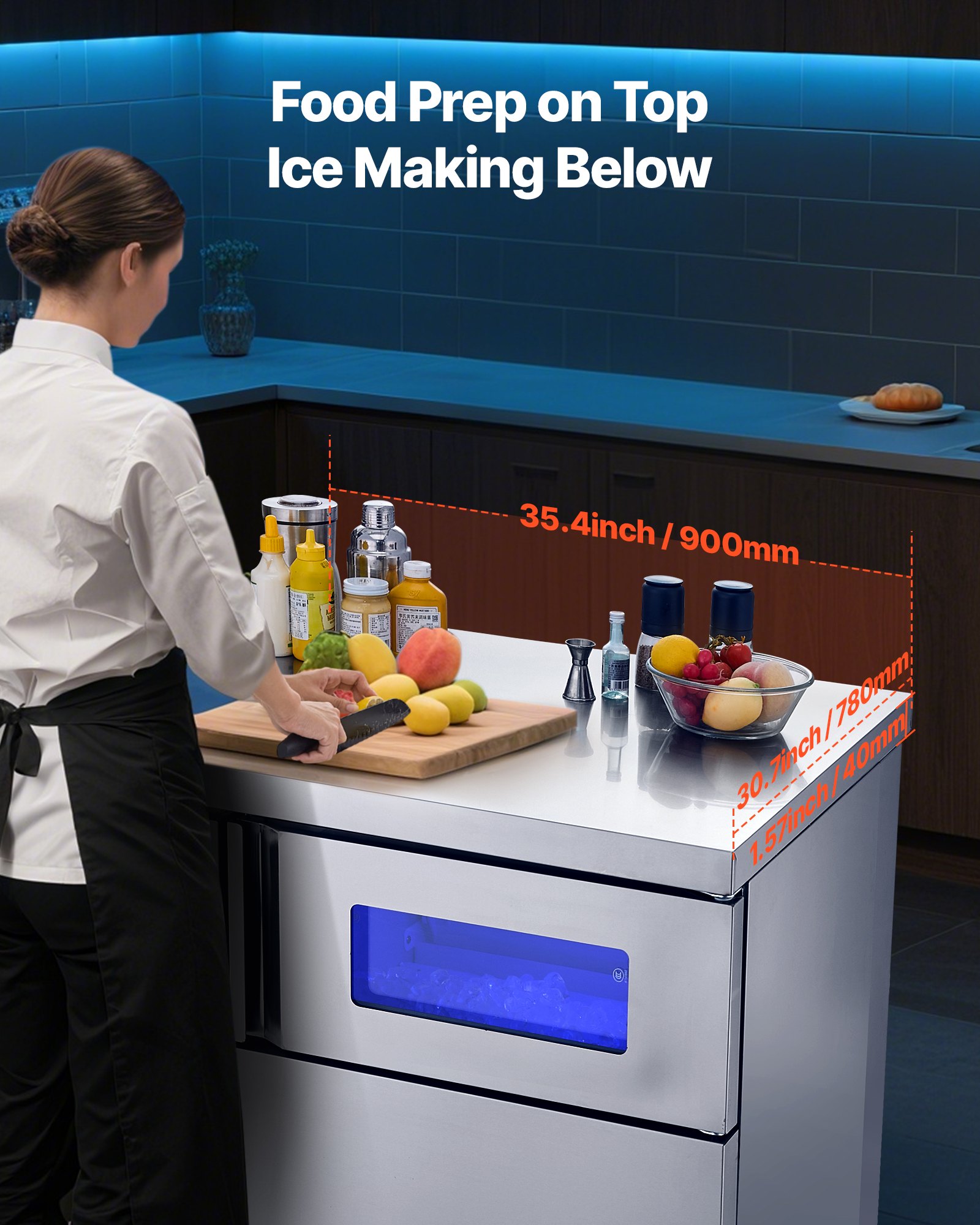 VEVOR Commercial Ice Maker Machine, 265 lbs/24H Stainless Steel Ice Machine with Worktop, 66 lbs Storage & 126 Cubes/Cycle, Self-Cleaning Freestanding Ice-Making for Home Bar Office Restaurant Kitchen