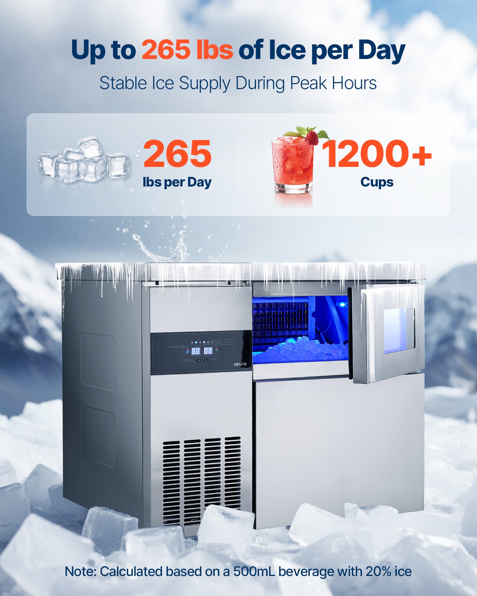 VEVOR Commercial Ice Maker Machine, 265 lbs/24H Stainless Steel Ice Machine with Worktop, 66 lbs Storage & 126 Cubes/Cycle, Self-Cleaning Freestanding Ice-Making for Home Bar Office Restaurant Kitchen