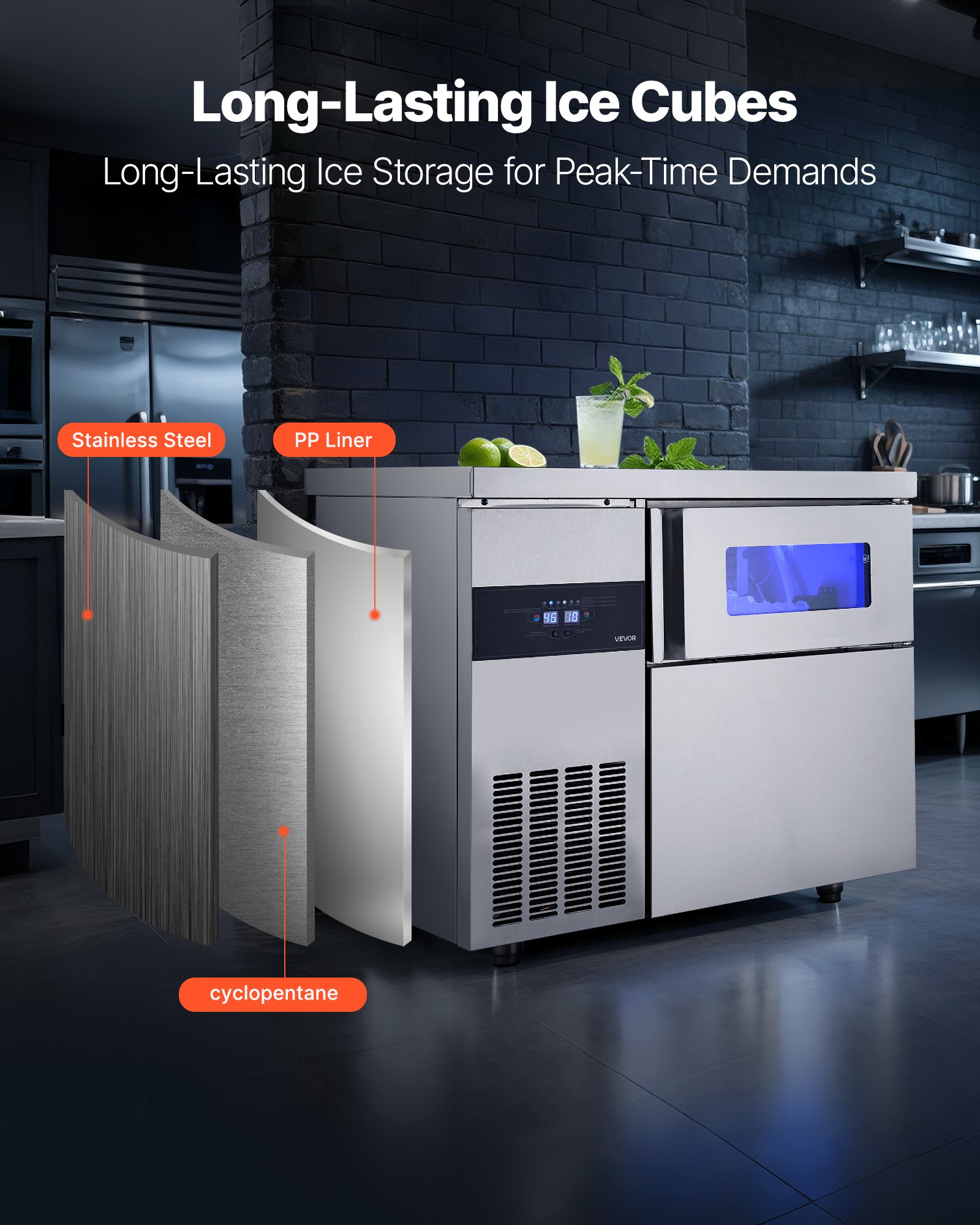 VEVOR Commercial Ice Maker Machine, 265 lbs/24H Stainless Steel Ice Machine with Worktop, 66 lbs Storage & 126 Cubes/Cycle, Self-Cleaning Freestanding Ice-Making for Home Bar Office Restaurant Kitchen