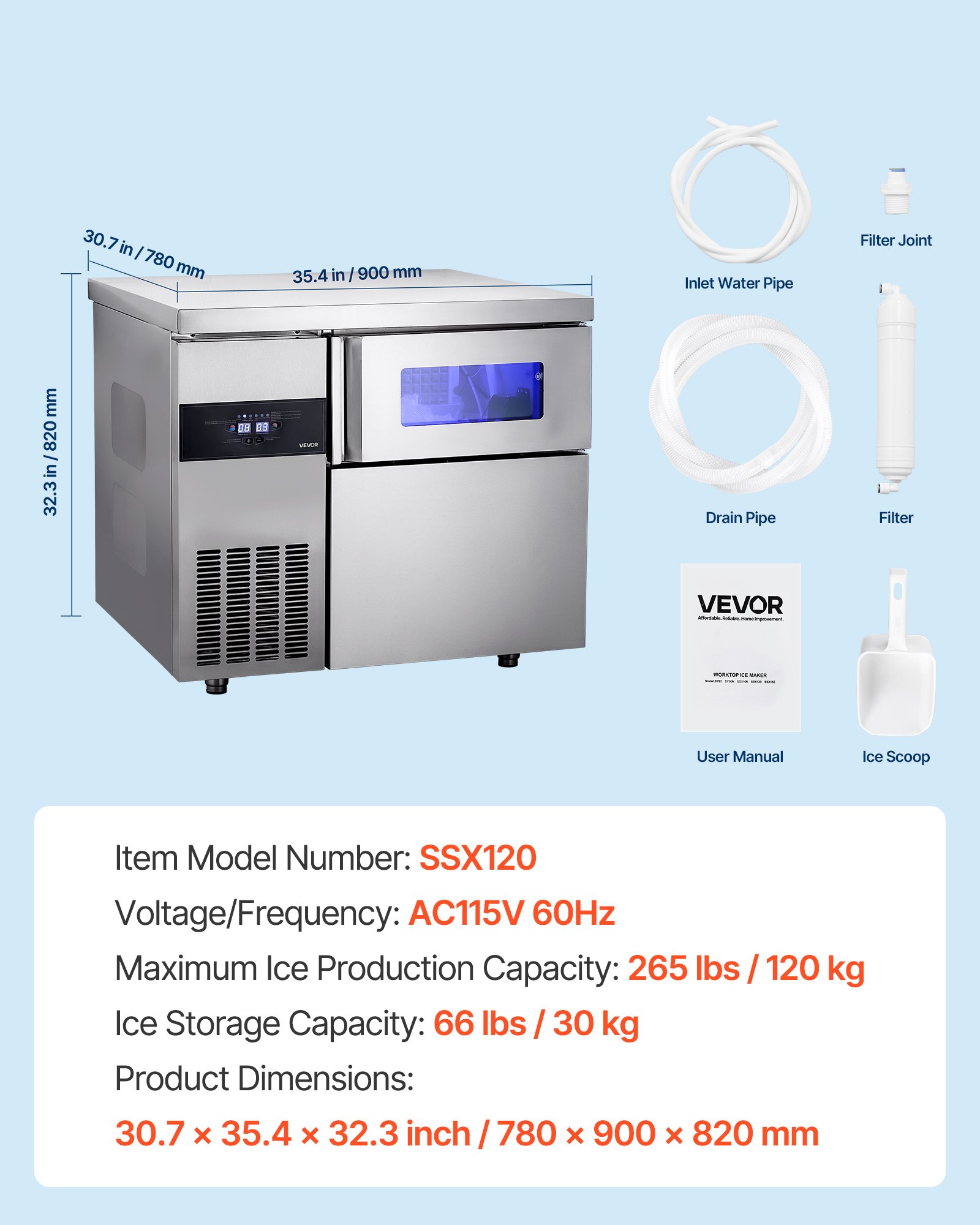 VEVOR Commercial Ice Maker Machine, 265 lbs/24H Stainless Steel Ice Machine with Worktop, 66 lbs Storage & 126 Cubes/Cycle, Self-Cleaning Freestanding Ice-Making for Home Bar Office Restaurant Kitchen