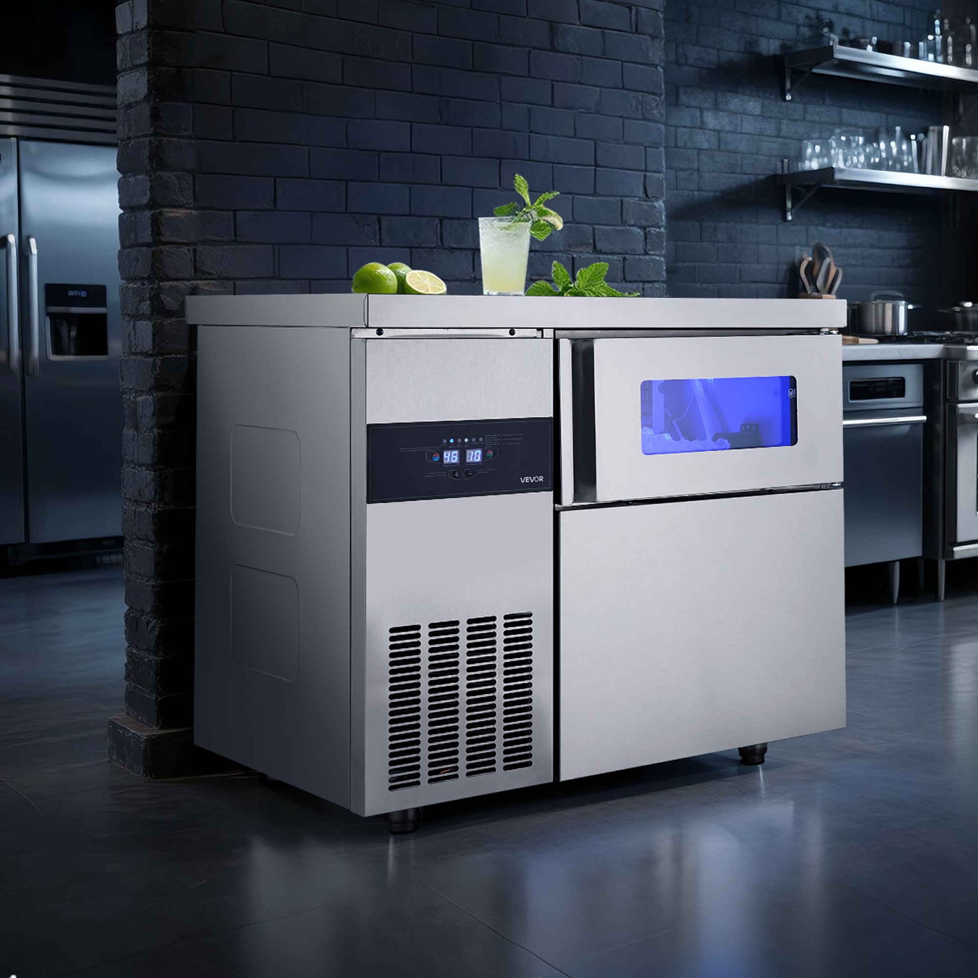 VEVOR Commercial Ice Maker Machine, 265 lbs/24H Stainless Steel Ice Machine with Worktop, 66 lbs Storage & 126 Cubes/Cycle, Self-Cleaning Freestanding Ice-Making for Home Bar Office Restaurant Kitchen