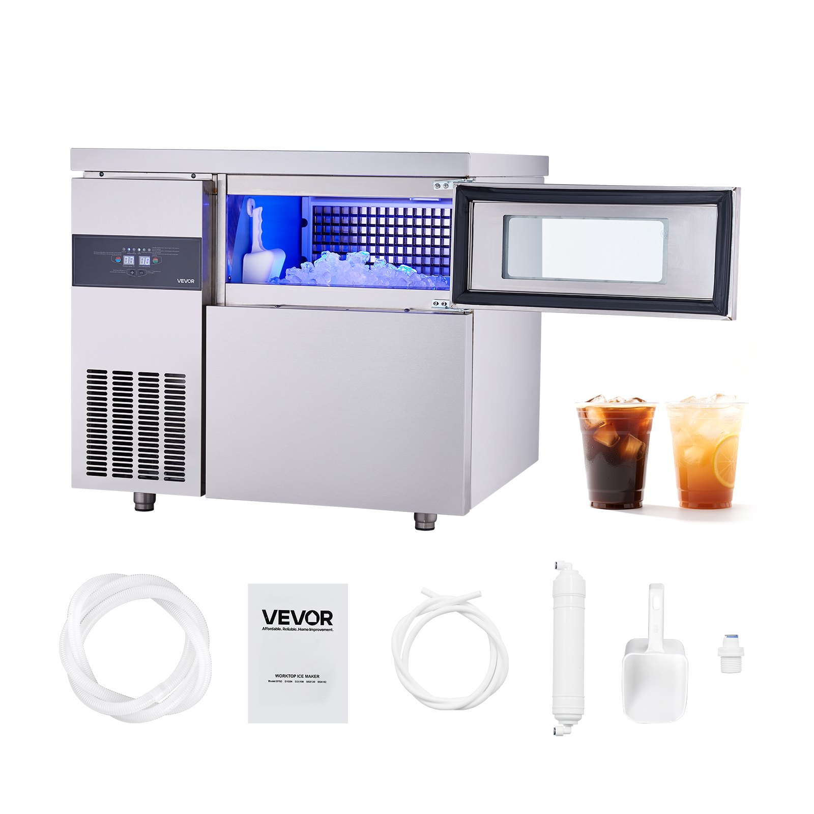 VEVOR Commercial Ice Maker Machine, 265 lbs/24H Stainless Steel Ice Machine with Worktop, 66 lbs Storage & 126 Cubes/Cycle, Self-Cleaning Freestanding Ice-Making for Home Bar Office Restaurant Kitchen