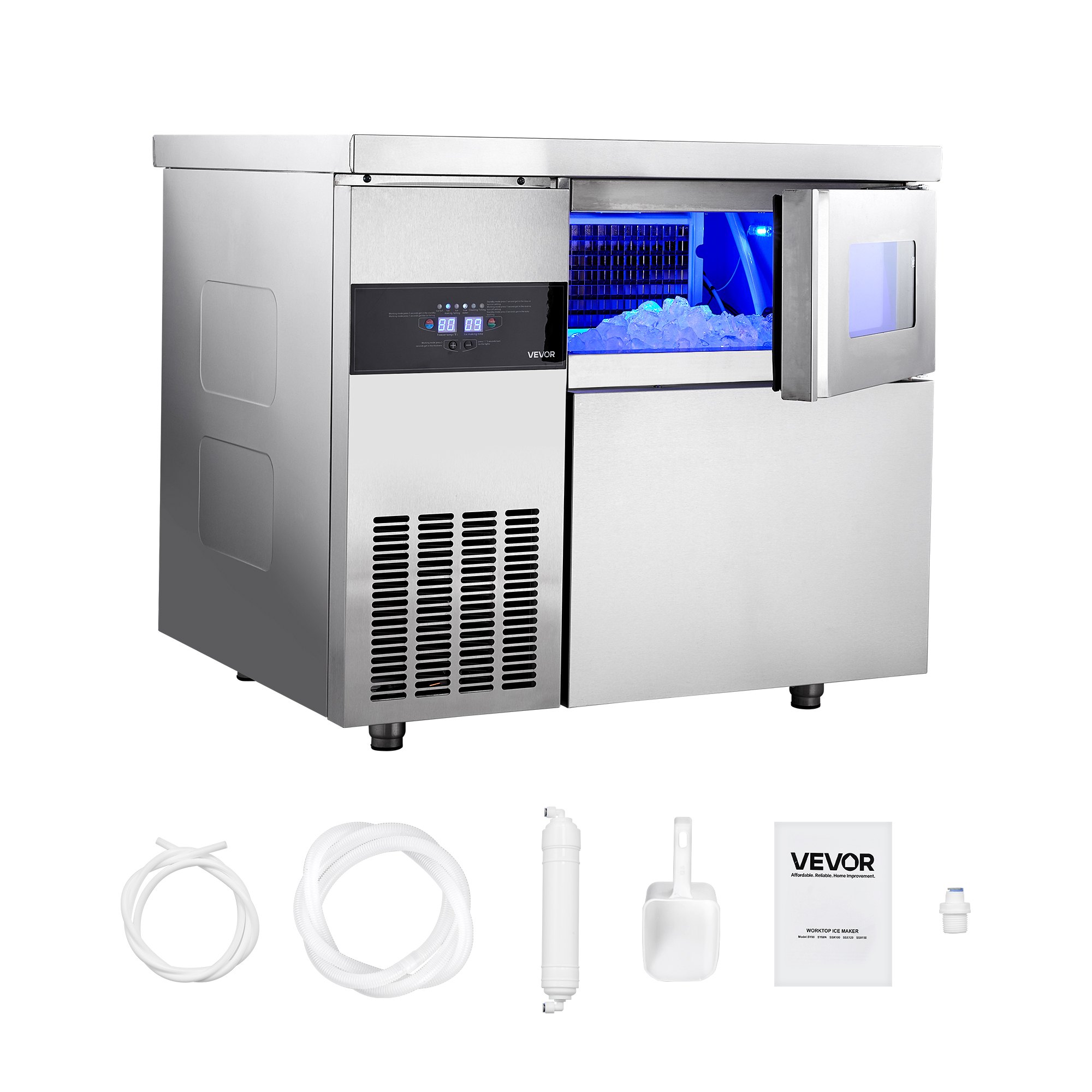 VEVOR Commercial Ice Maker Machine, 265 lbs/24H Stainless Steel Ice Machine with Worktop, 66 lbs Storage & 126 Cubes/Cycle, Self-Cleaning Freestanding Ice-Making for Home Bar Office Restaurant Kitchen