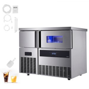 VEVOR Commercial Ice Maker Machine, 330 lbs/24H Stainless Steel Ice Machine with Worktop, 88 lbs Storage & 144 Cubes/Cycle, Self-Cleaning Freestanding Ice-Making for Home Bar Office Restaurant Kitchen | VEVOR US