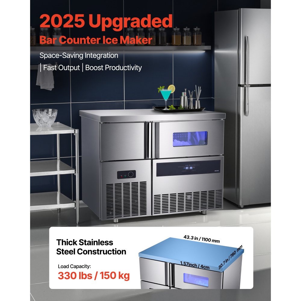 VEVOR Commercial Ice Maker Machine, 330 lbs/24H Stainless Steel Ice Machine with Worktop, 88 lbs Storage & 144 Cubes/Cycle, Self-Cleaning Freestanding Ice-Making for Home Bar Office Restaurant Kitchen