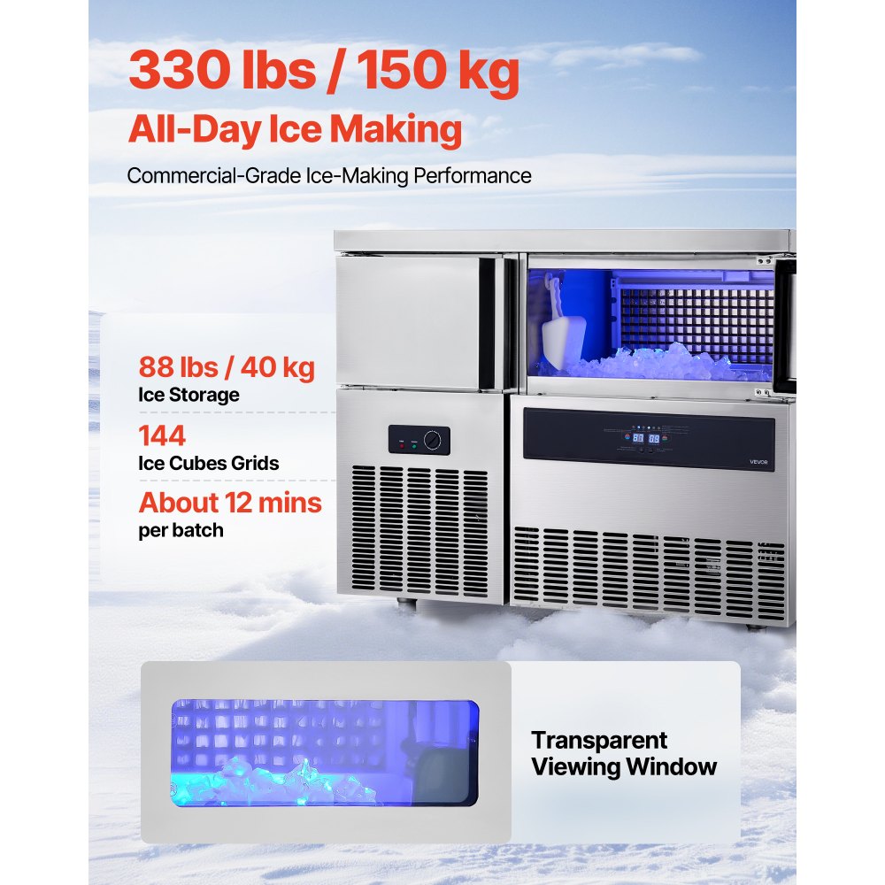 VEVOR Commercial Ice Maker Machine, 330 lbs/24H Stainless Steel Ice Machine with Worktop, 88 lbs Storage & 144 Cubes/Cycle, Self-Cleaning Freestanding Ice-Making for Home Bar Office Restaurant Kitchen