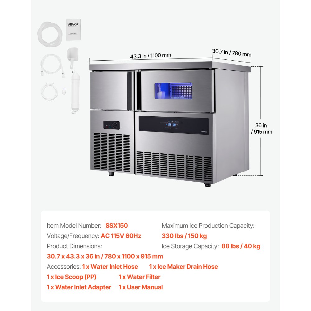 VEVOR Commercial Ice Maker Machine, 330 lbs/24H Stainless Steel Ice Machine with Worktop, 88 lbs Storage & 144 Cubes/Cycle, Self-Cleaning Freestanding Ice-Making for Home Bar Office Restaurant Kitchen