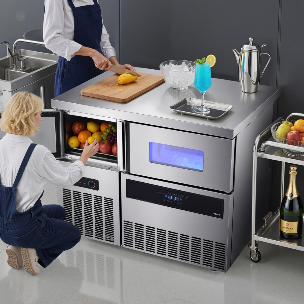 VEVOR Commercial Ice Maker Machine, 330 lbs/24H Stainless Steel Ice Machine with Worktop, 88 lbs Storage & 144 Cubes/Cycle, Self-Cleaning Freestanding Ice-Making for Home Bar Office Restaurant Kitchen