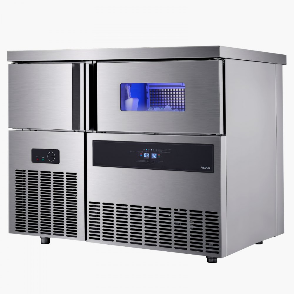 VEVOR Commercial Ice Maker Machine, 330 lbs/24H Stainless Steel Ice Machine with Worktop, 88 lbs Storage & 144 Cubes/Cycle, Self-Cleaning Freestanding Ice-Making for Home Bar Office Restaurant Kitchen