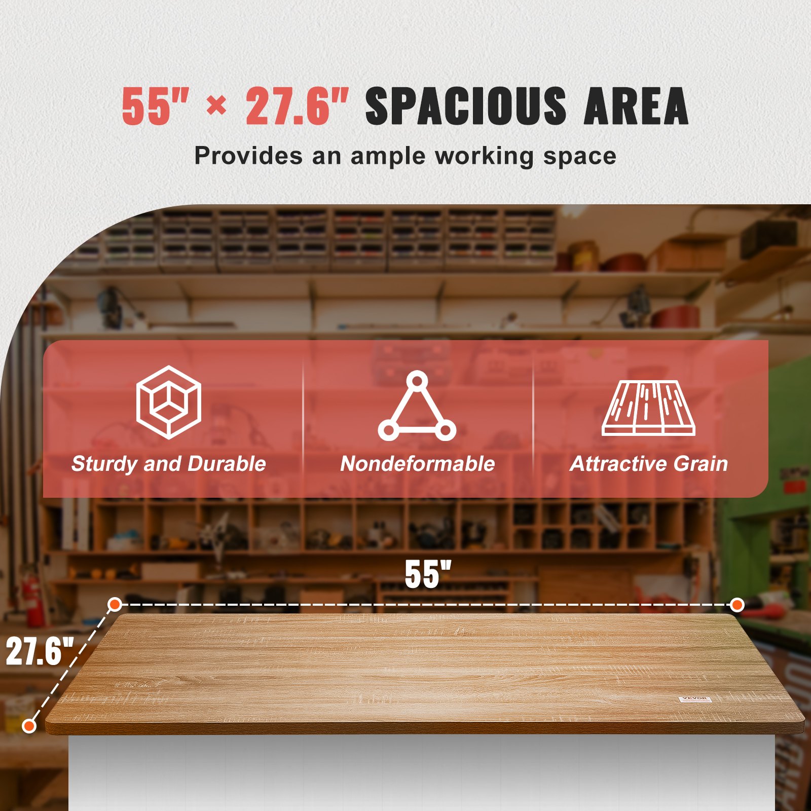 VEVOR Table Top, 55" x 27.6" x 1", 220.5 lbs Load Capacity, Universal One-Piece Particle Board Desktop for Height Adjustable Electric Standing Desk Frame, Rectangular Countertop for Home & Office Desk
