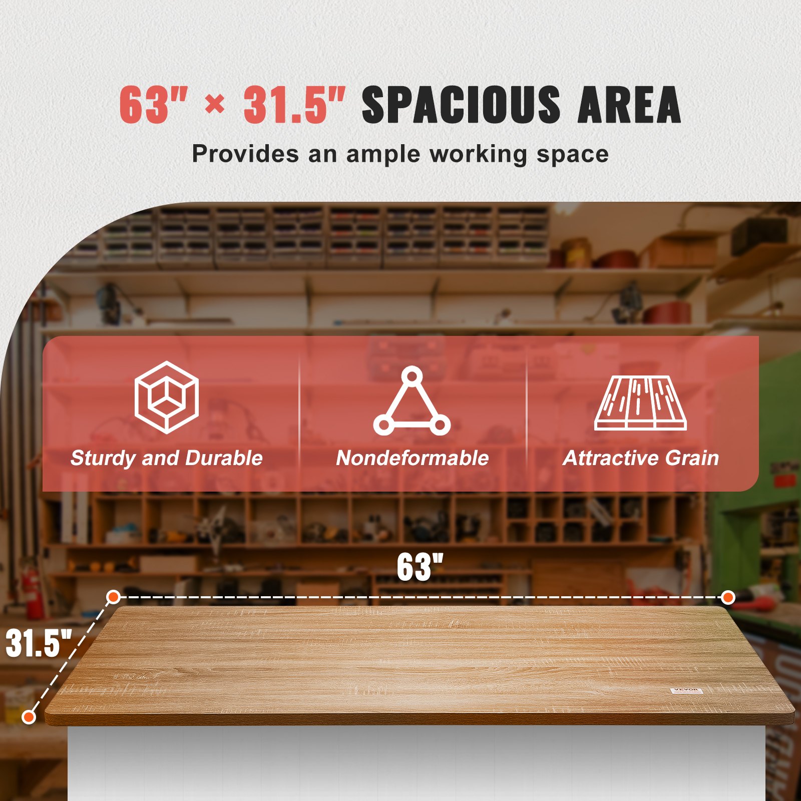 VEVOR Table Top, 63" x 31.5" x 1", 220.5 lbs Load Capacity, Universal One-Piece Particle Board Desktop for Height Adjustable Electric Standing Desk Frame, Rectangular Countertop for Home & Office Desk