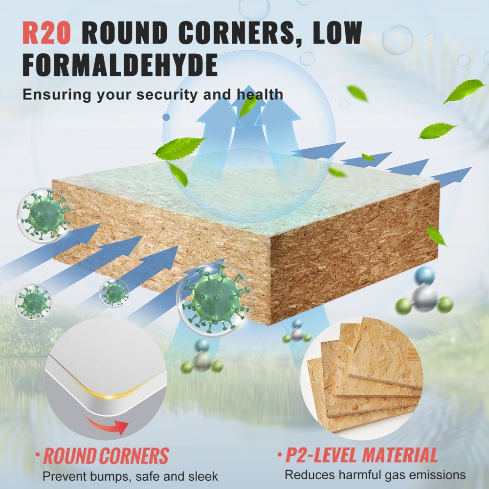 r20 round corners ensure safety, p2-level material reduces emissions, ideal for VEVOR standing desk countertop.