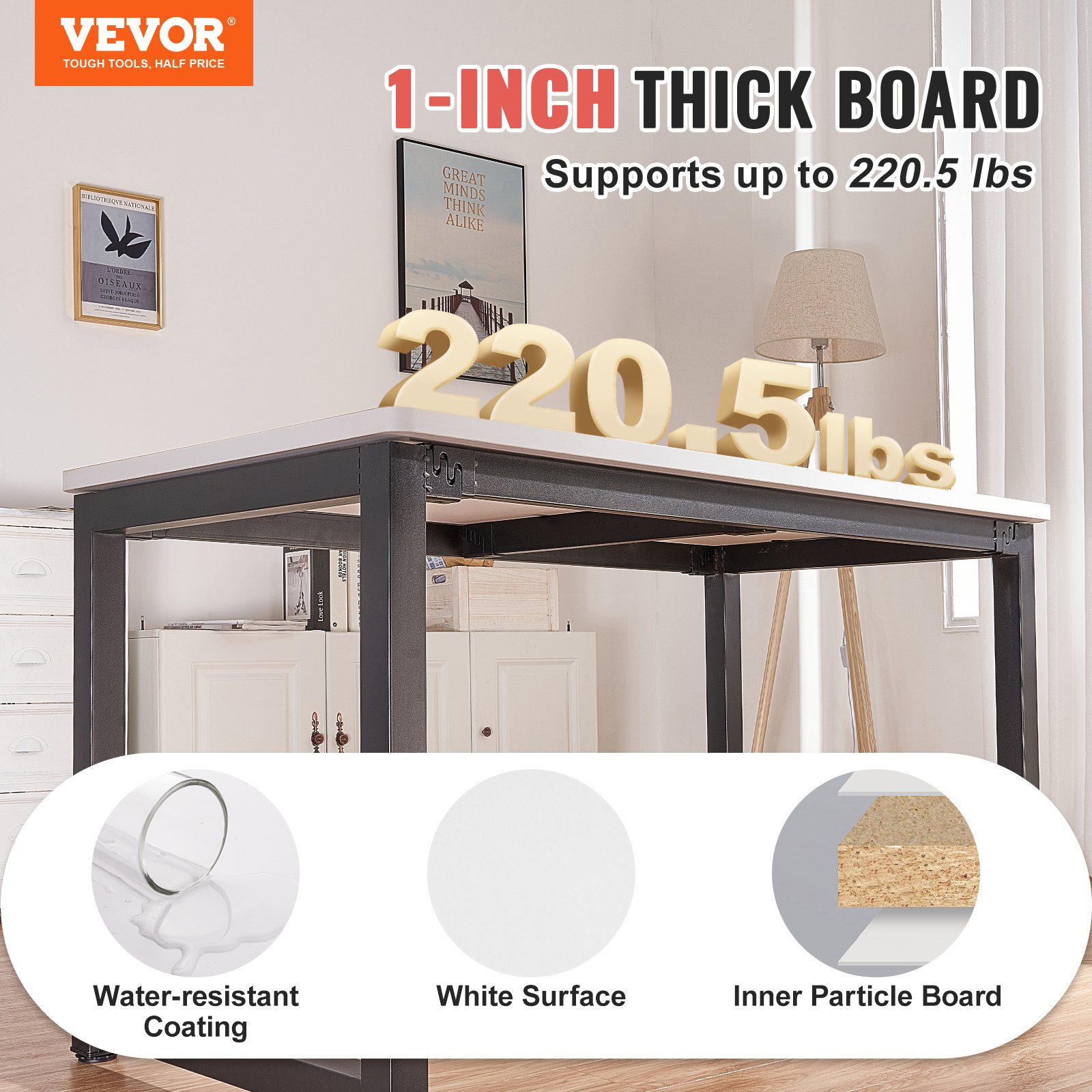 VEVOR standing desk countertop with 1-inch thick board supports up to 220.5 lbs, water-resistant coating.