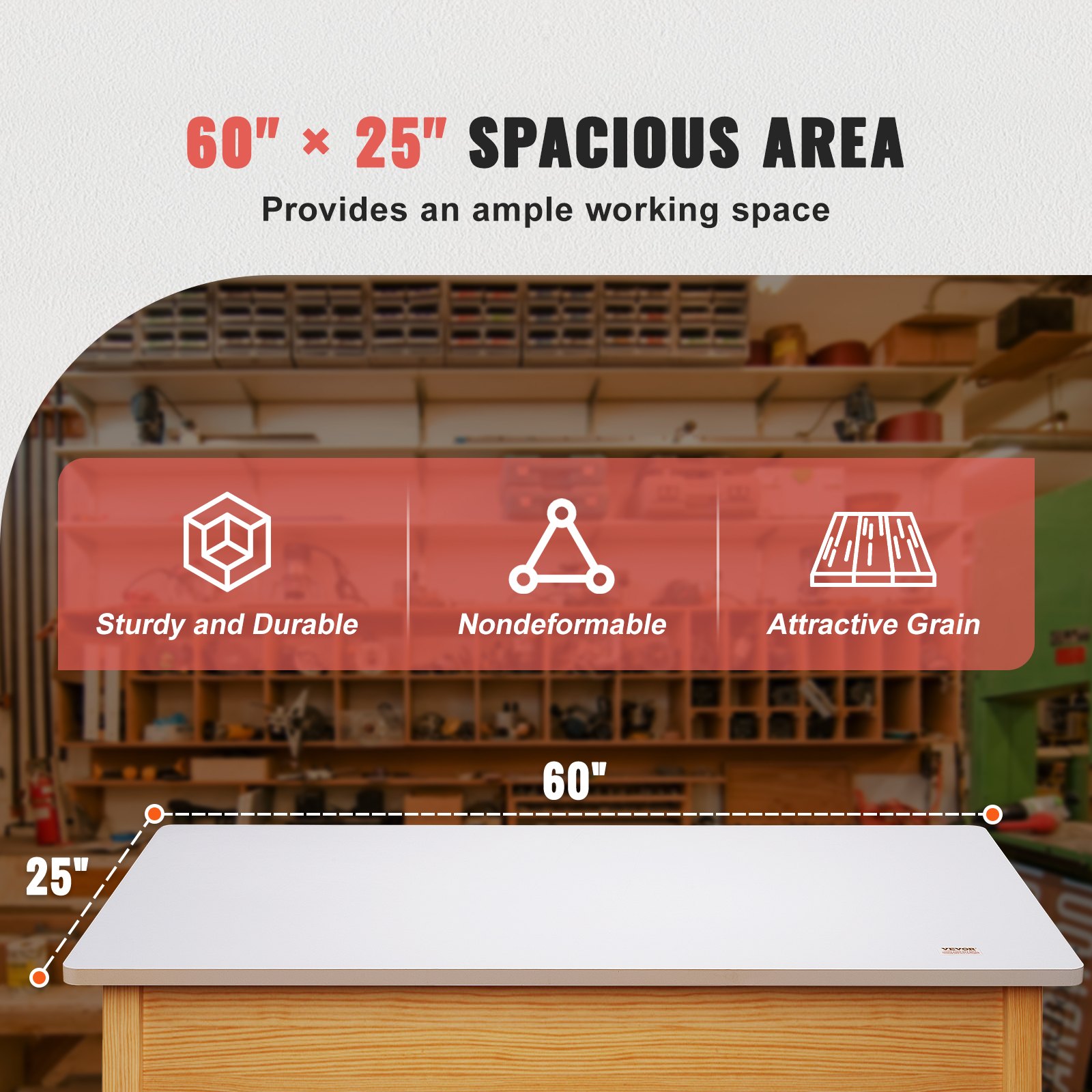 VEVOR standing desk countertop with 60&quot;x25&quot; work area, sturdy, nondeformable, and attractive grain.