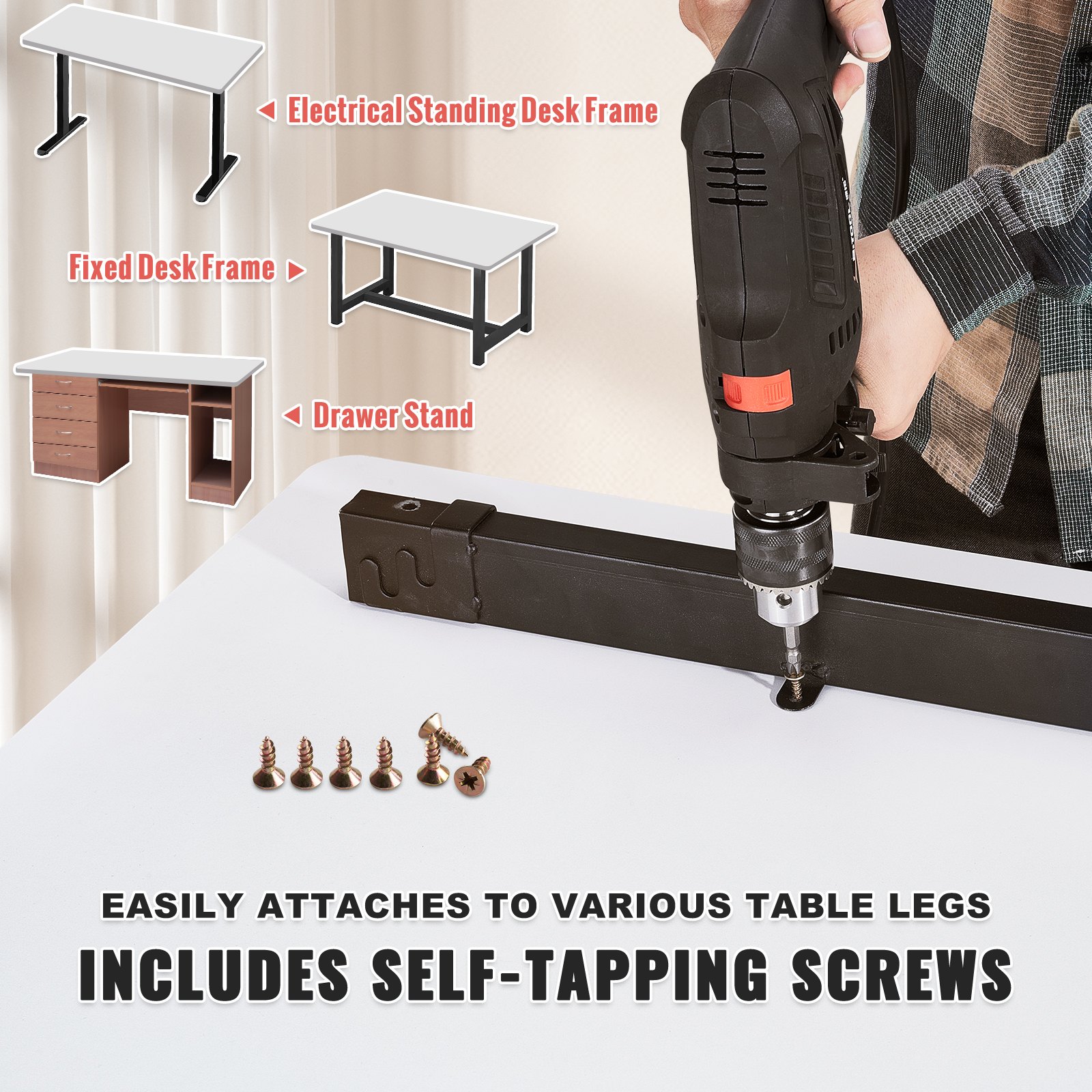 using a drill to attach VEVOR standing desk countertop to different desk frames with self-tapping screws.