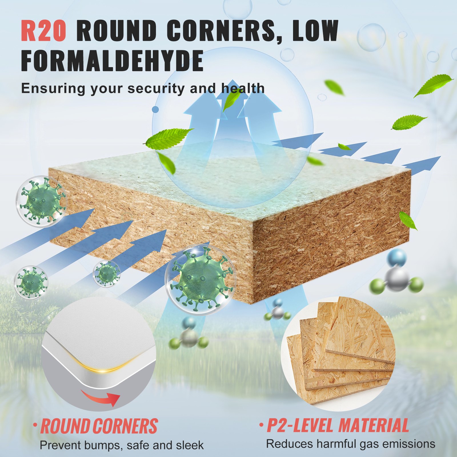 r20 round corners ensure safety, p2-level material reduces emissions, ideal for VEVOR standing desk countertop.
