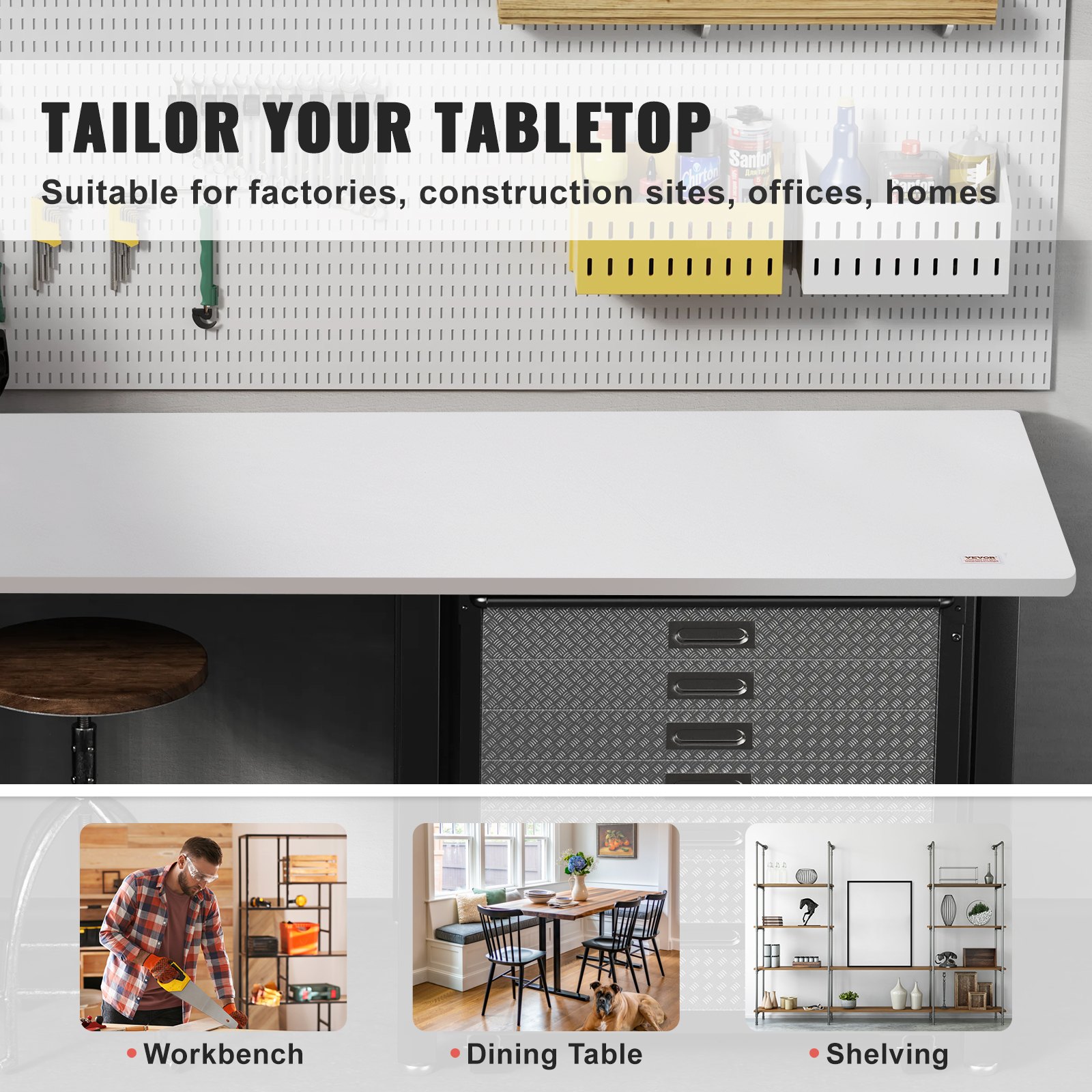 VEVOR standing desk countertop for workbench, dining table, shelving in factories, offices, homes.