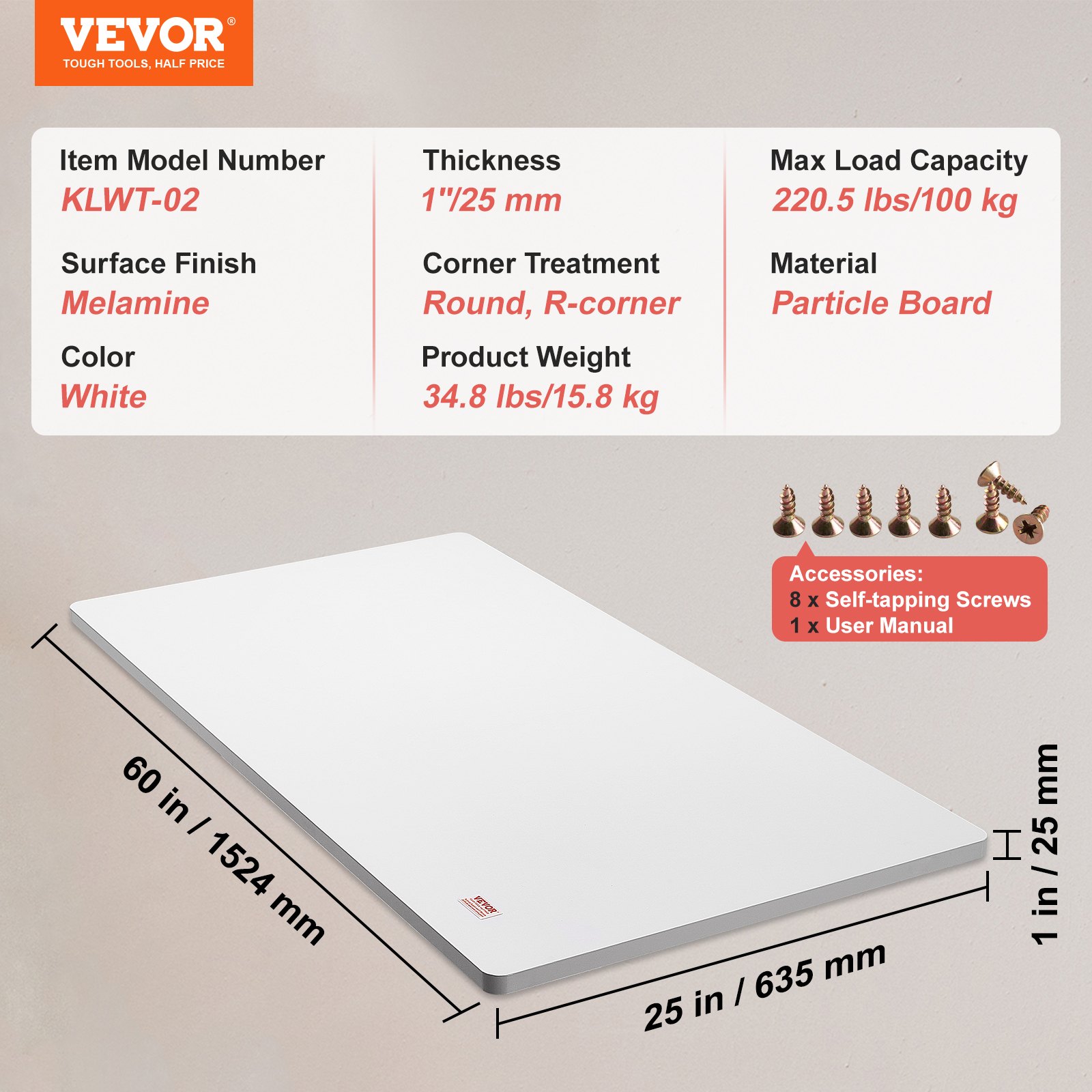VEVOR standing desk countertop, white melamine, 60&quot;x25&quot;, round corners, includes screws and user manual.
