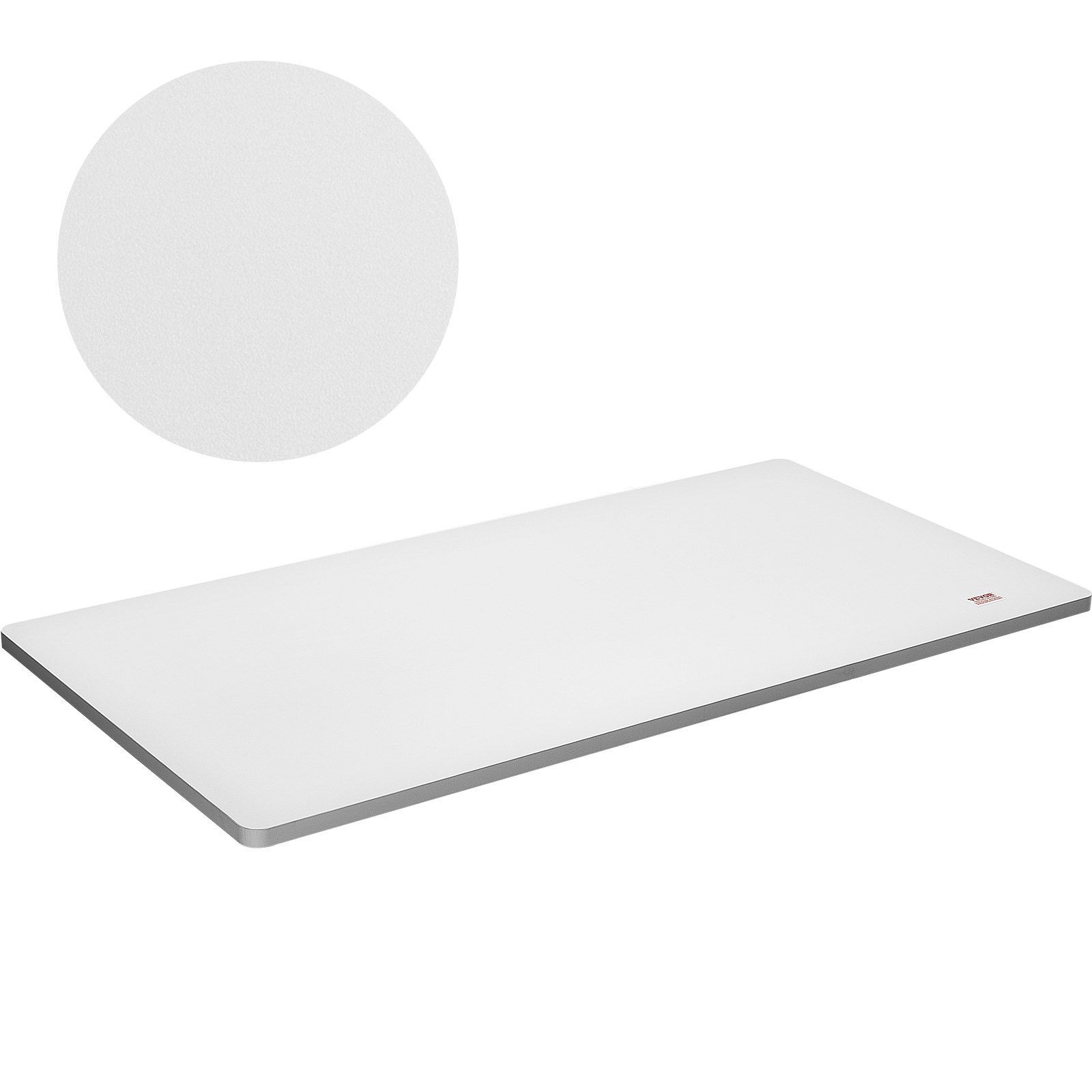smooth white VEVOR standing desk countertop with rounded edges and a detailed texture circle inset.