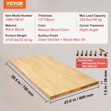 VEVOR Wood Table Top, 75 x 60 x 3.8 cm, 150 kg Load Capacity, Universal Solid One-Piece Maple Wood Desktop for Height Adjustable Electric Standing Desk Frame, Rectangular Countertop for Home Office