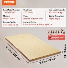 VEVOR Wood Table Top, 47.2" x 29.5" x 1.5", 330lb Load Capacity, Universal Solid One-Piece Maple Wood Desktop for Height Adjustable Electric Standing Desk Frame, Rectangular Countertop for Home Office