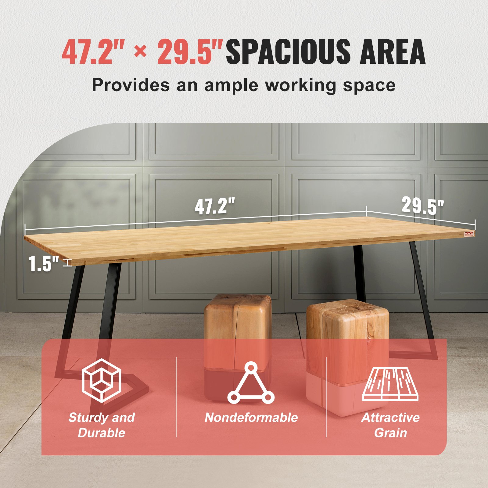 VEVOR wood table top, 47.2&quot;x29.5&quot;, sturdy, durable, nondeformable, with attractive grain for ample working space.