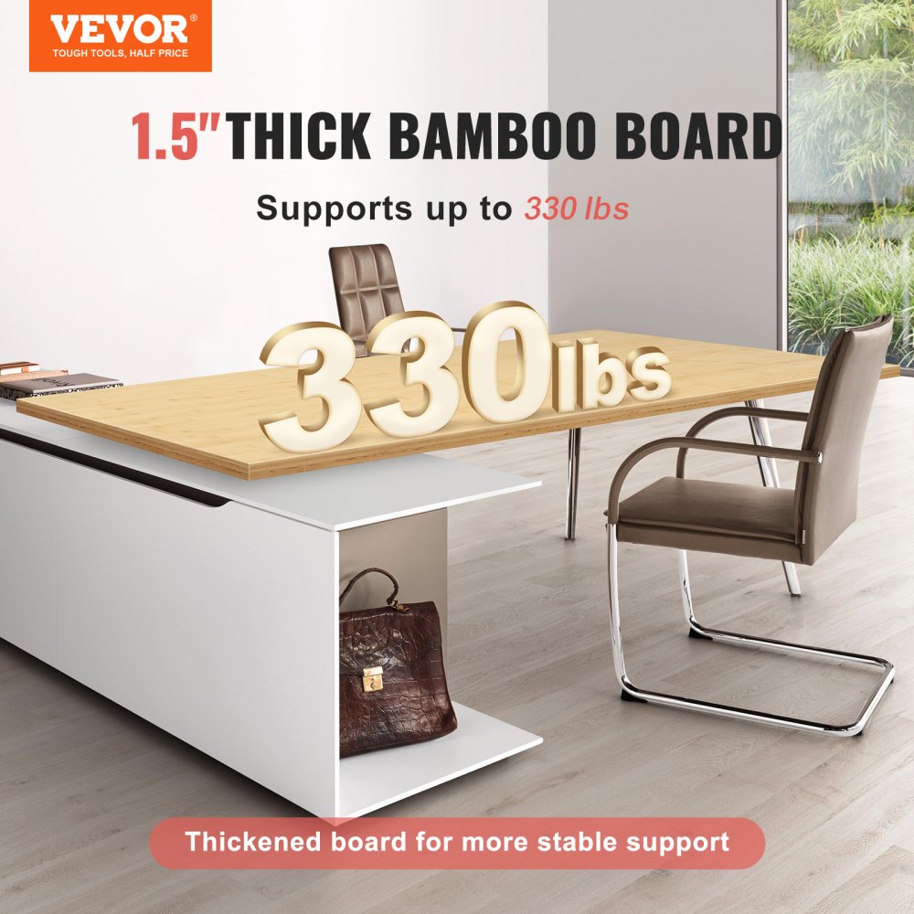 VEVOR bamboo table top, 1.5&quot; thick, supporting 330 lbs, in a modern office with chairs and desk.