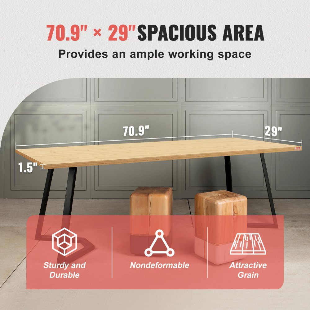 VEVOR Solid Bamboo Desk Surface, Dimensions: 70.9" x 29" x 1.5", Supports up to 330 lbs, Ideal for Electric Adjustable Desk Frames, Home & Office Rectangular Worktop