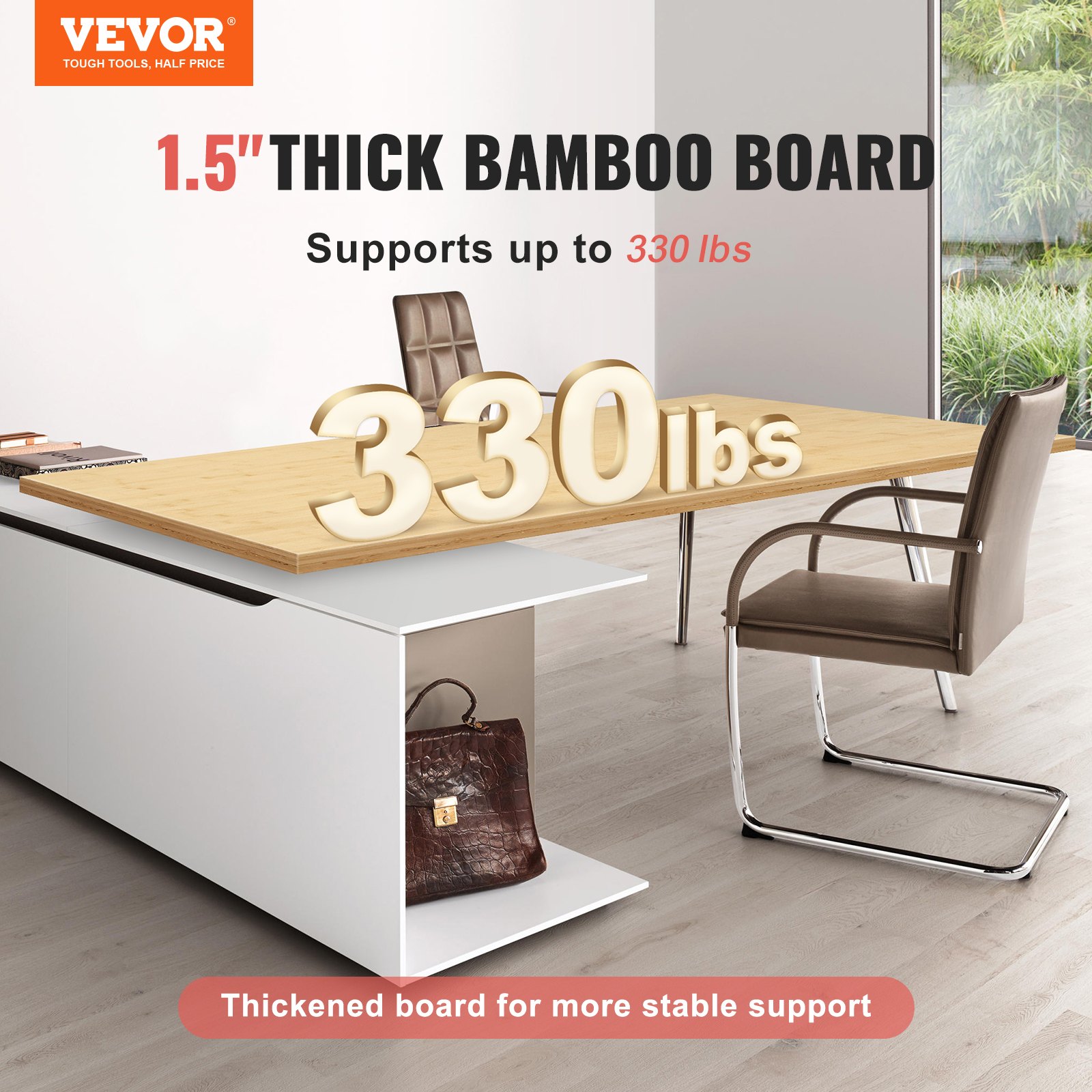 VEVOR bamboo table top, 1.5&quot; thick, supporting 330 lbs, in a modern office with chairs and desk.