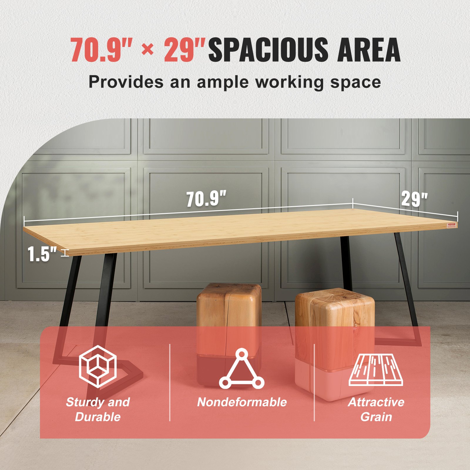 VEVOR bamboo table top, 70.9&quot; x 29&quot;, sturdy and durable, nondeformable, attractive grain.