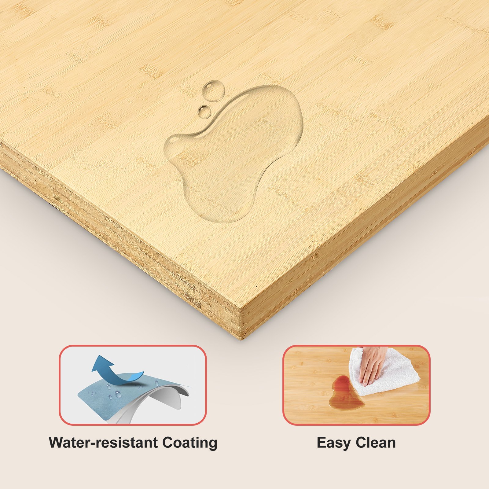 VEVOR bamboo table top with water-resistant coating and easy clean surface, showing water droplets.