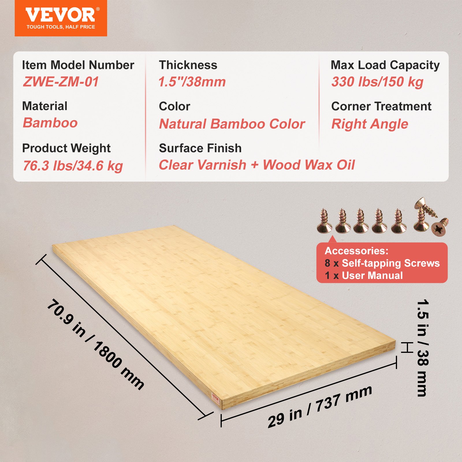 VEVOR bamboo table top with natural bamboo color, clear varnish finish, 70.9&quot;x29&quot;x1.5&quot;, max 330 lbs load.