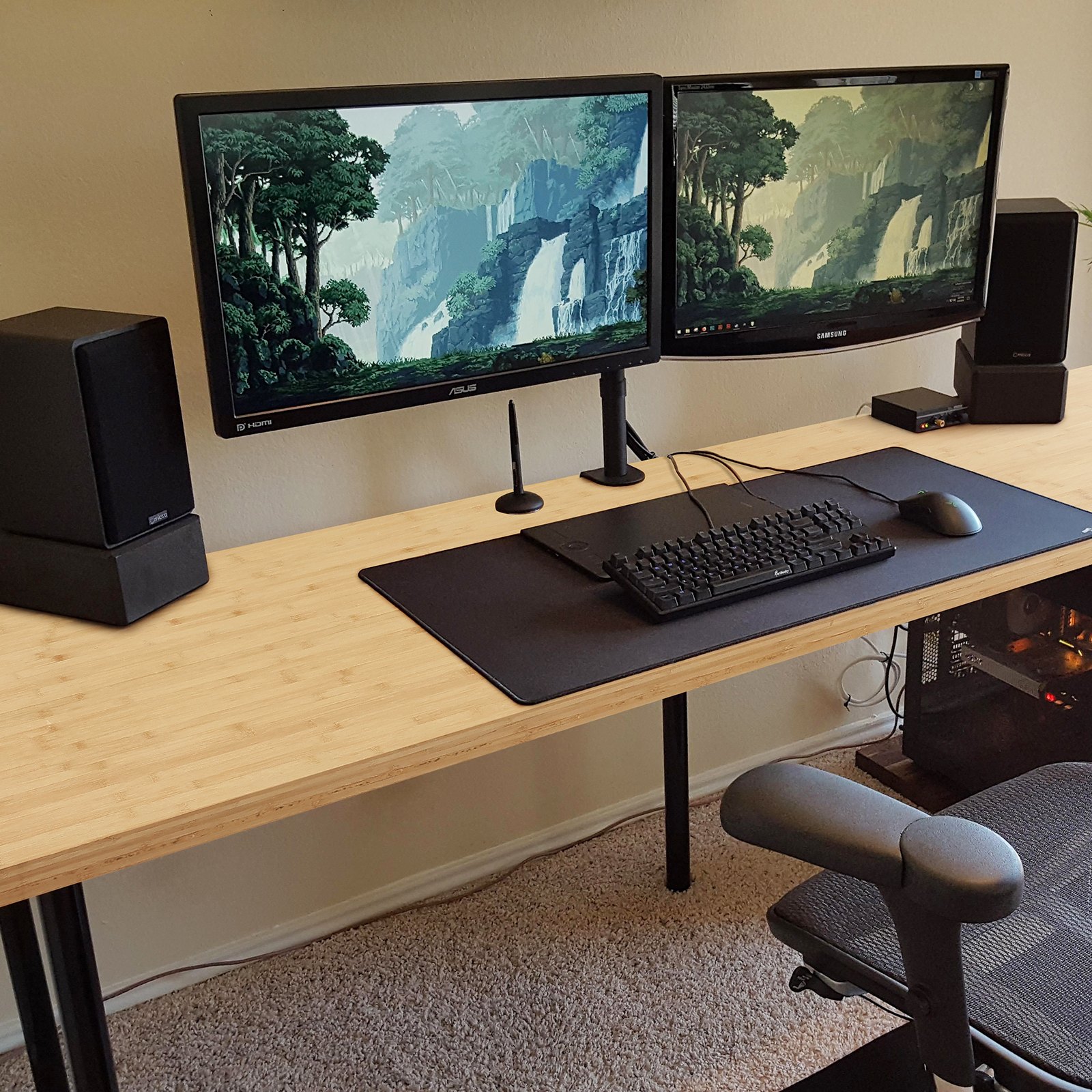 VEVOR bamboo table top with dual monitors, keyboard, and speakers in a modern home office setup.