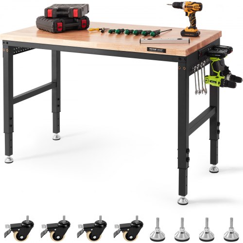 VEVOR Adjustable Workbench, 48" L X 24" W Garage Worktable with Universal Wheels, 28-39.5" Heights & 2000 LBS Load Capacity, with Power Outlets & Hardwood Top & Storage & Foot Pads, for Office Home