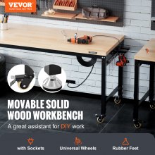 VEVOR Adjustable Workbench, 48" L X 24" W Garage Worktable with Universal Wheels, 28-39.5" Heights & 2000 LBS Load Capacity, with Power Outlets & Hardwood Top & Storage & Foot Pads, for Office Home